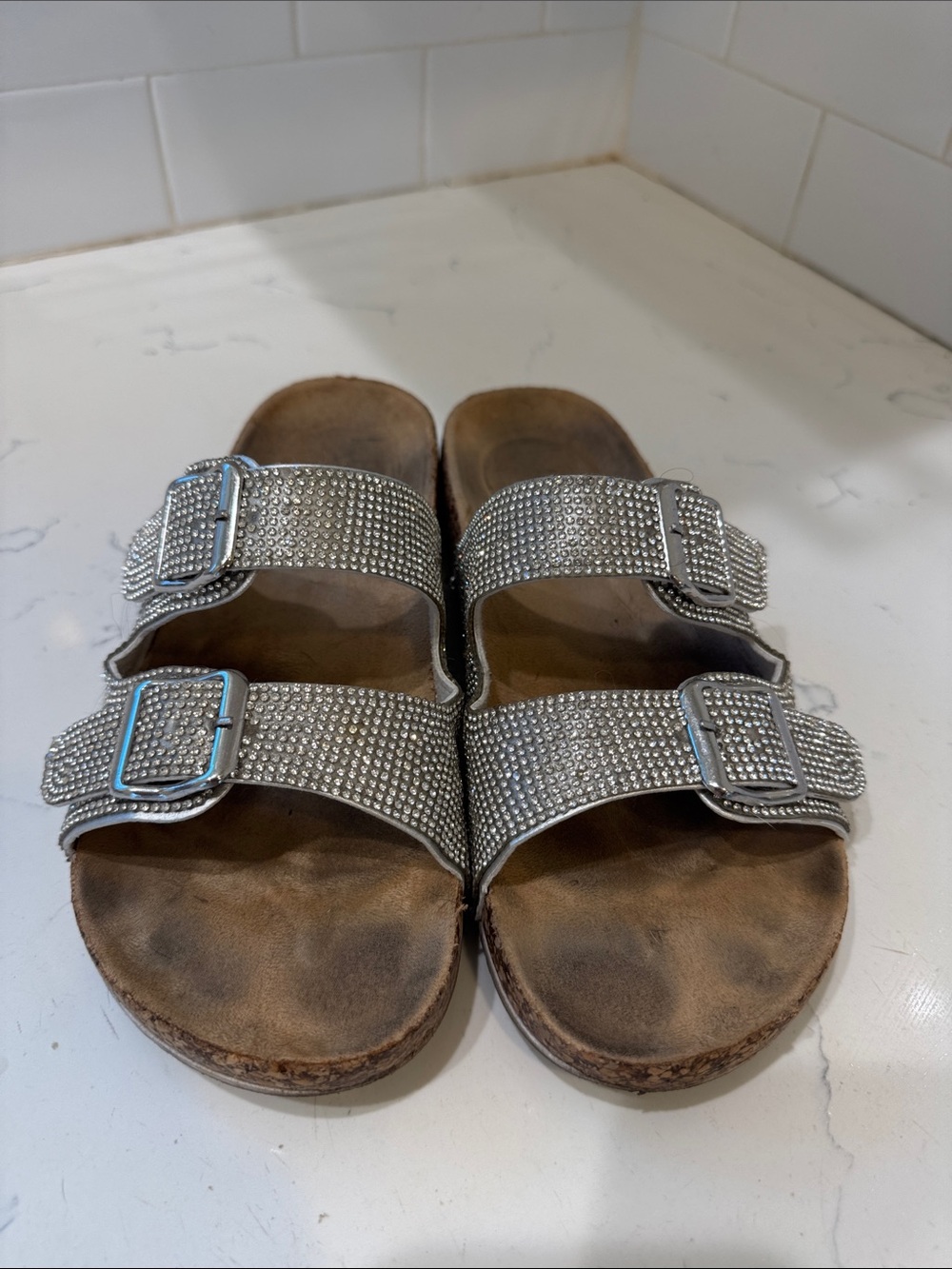 Nicole Miller Silver Crystal Double-Buckle Slide Sandals